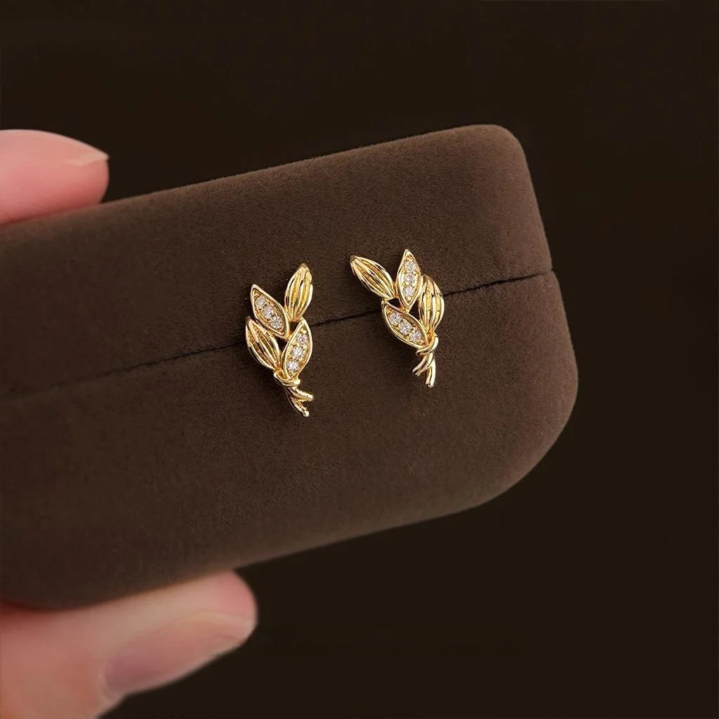 Simple Copper Zircon Wheat Ear Leaf Stud Earrings, Micro Pave Dainty Gift Jewelry