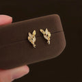 Simple Copper Zircon Wheat Ear Leaf Stud Earrings, Micro Pave Dainty Gift Jewelry