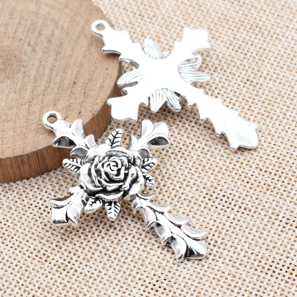55x39mm 11.1g Antique Silver Zinc Alloy Flower Cross Charm Pendant for DIY Necklace Jewelry Making
