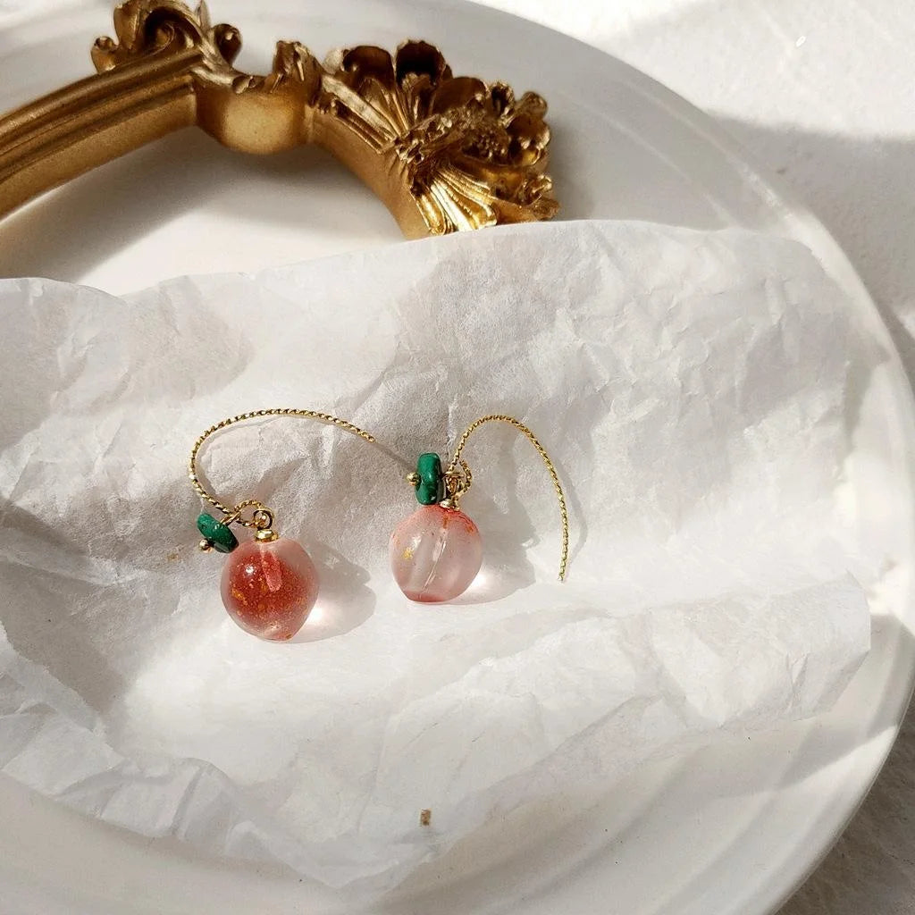 Cute Peach Glass Drop Earrings For Women Versatile Fruit Design Spring Summer Jewelry