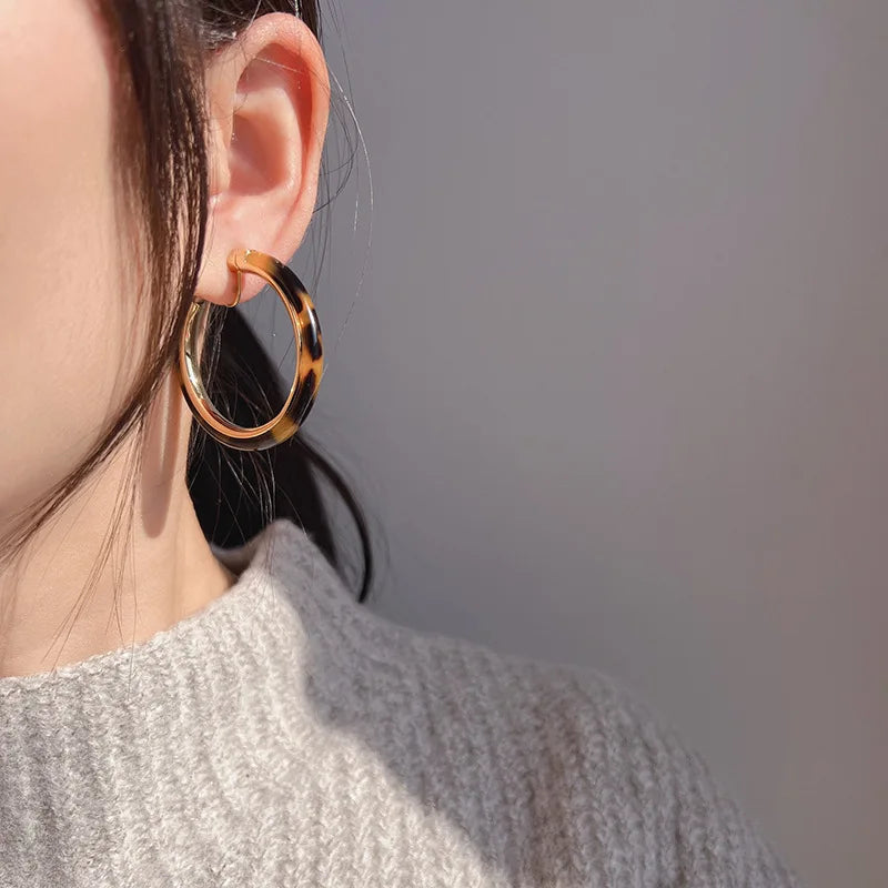 Elegant Brown Leopard Resin Hoop Stud & Clip On No Piercing Gold Alloy Spiral Disc Earrings