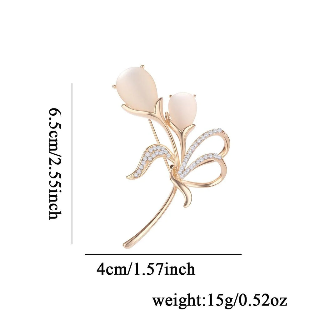 Elegant Tulip Flower Brooch With Cat Eye Stone And Rhinestone Rose Gold Alloy Lapel Pin Corsage Gift