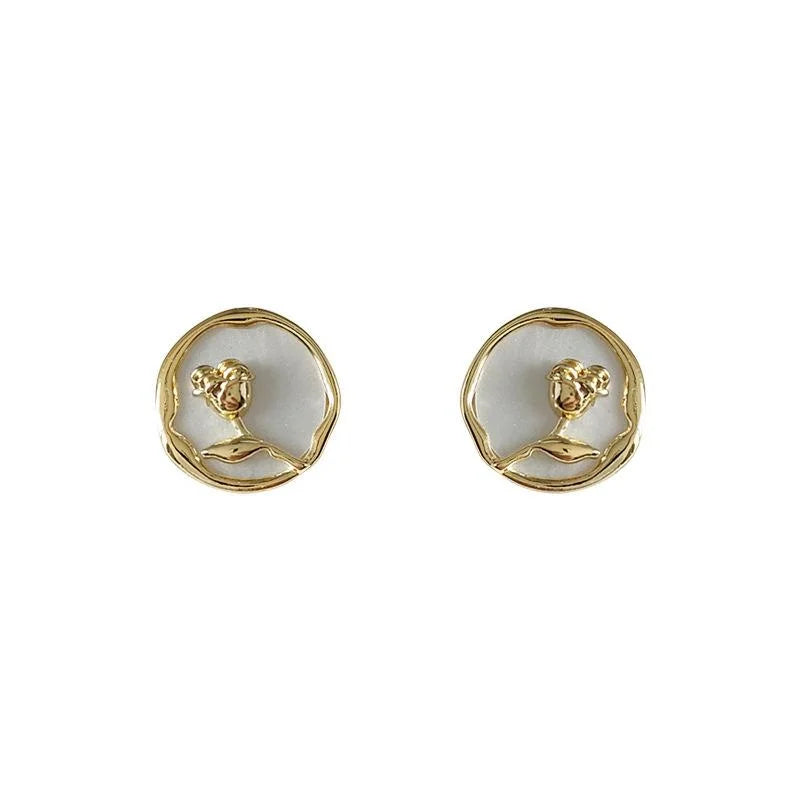 French 3D Rose Flower Copper Stud Earrings Light Luxury Versatile Round Floral Jewelry