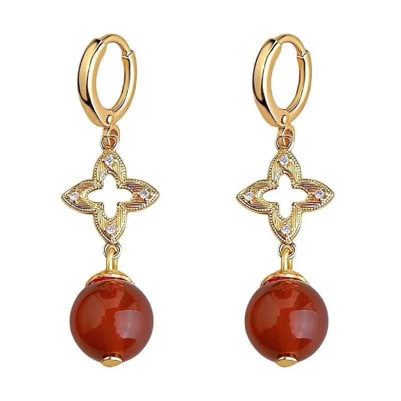 Vintage Palace Style Red Agate Zircon Copper Geometric Round Drop Earrings