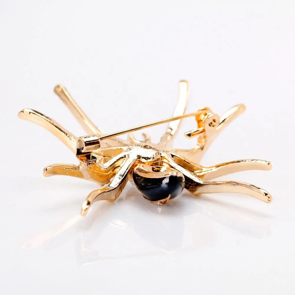 Luxury Gold Alloy Spider Brooch With Red Enamel And Rhinestones, Elegant Women's Lapel Pin Suit Accessory
