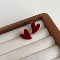 Copper Burgundy Flocked Heart Stud Earrings Plush Minimalist Elegant Fall Winter Jewelry