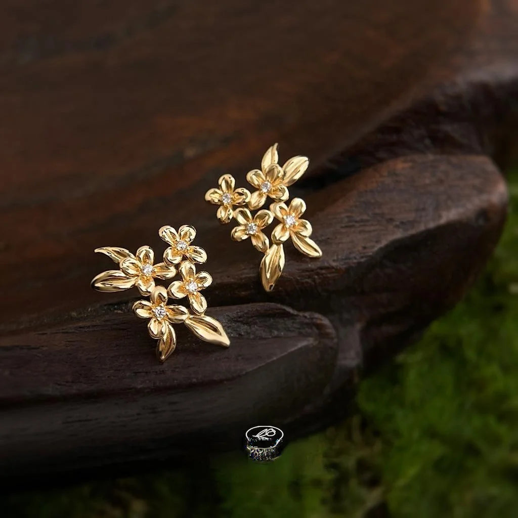 14K Plated Copper Osmanthus Flower Zircon Stud Earrings, Light Luxury Floral Petal Jewelry