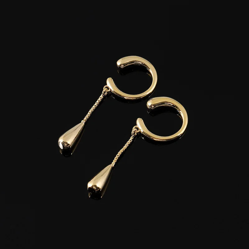 Elegant Gold Alloy Ear Cuff With Long Chain Tassel Teardrop, Stud & Clip On No Piercing Earrings
