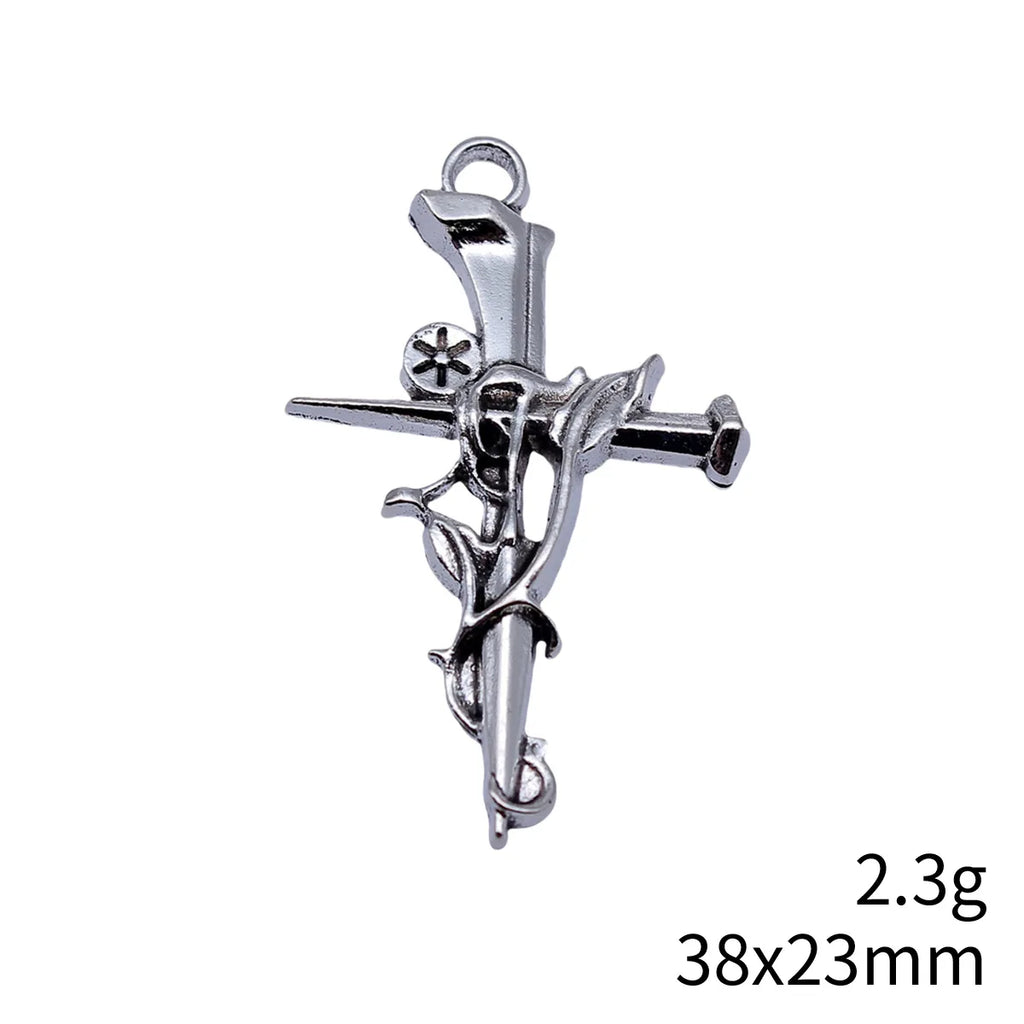 38x23mm 2.3g Antique Silver Zinc Alloy Gothic Rose Nail Cross Charm Pendant for DIY Necklace Making