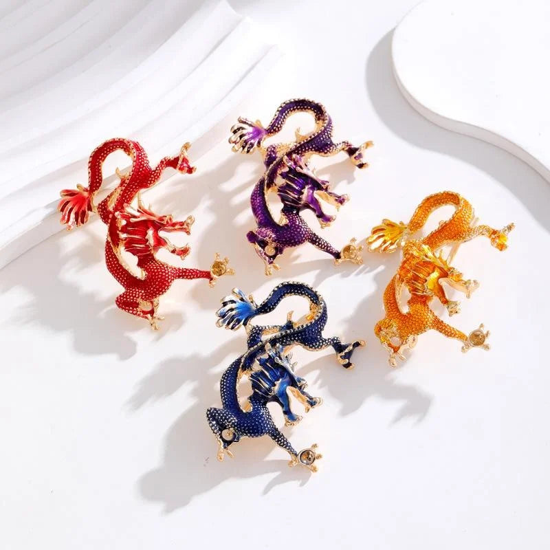 Elegant Gold Alloy Enamel Dragon Brooch, Zodiac Dragon Lapel Pin For Coat Suit Accessory Gift