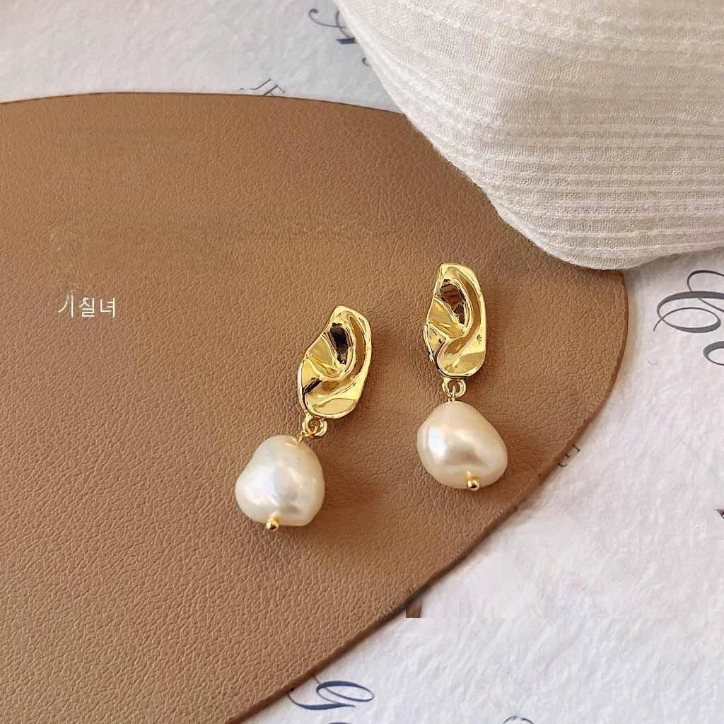 French Irregular Baroque Freshwater Pearl 14K Plated Copper Stud Earrings