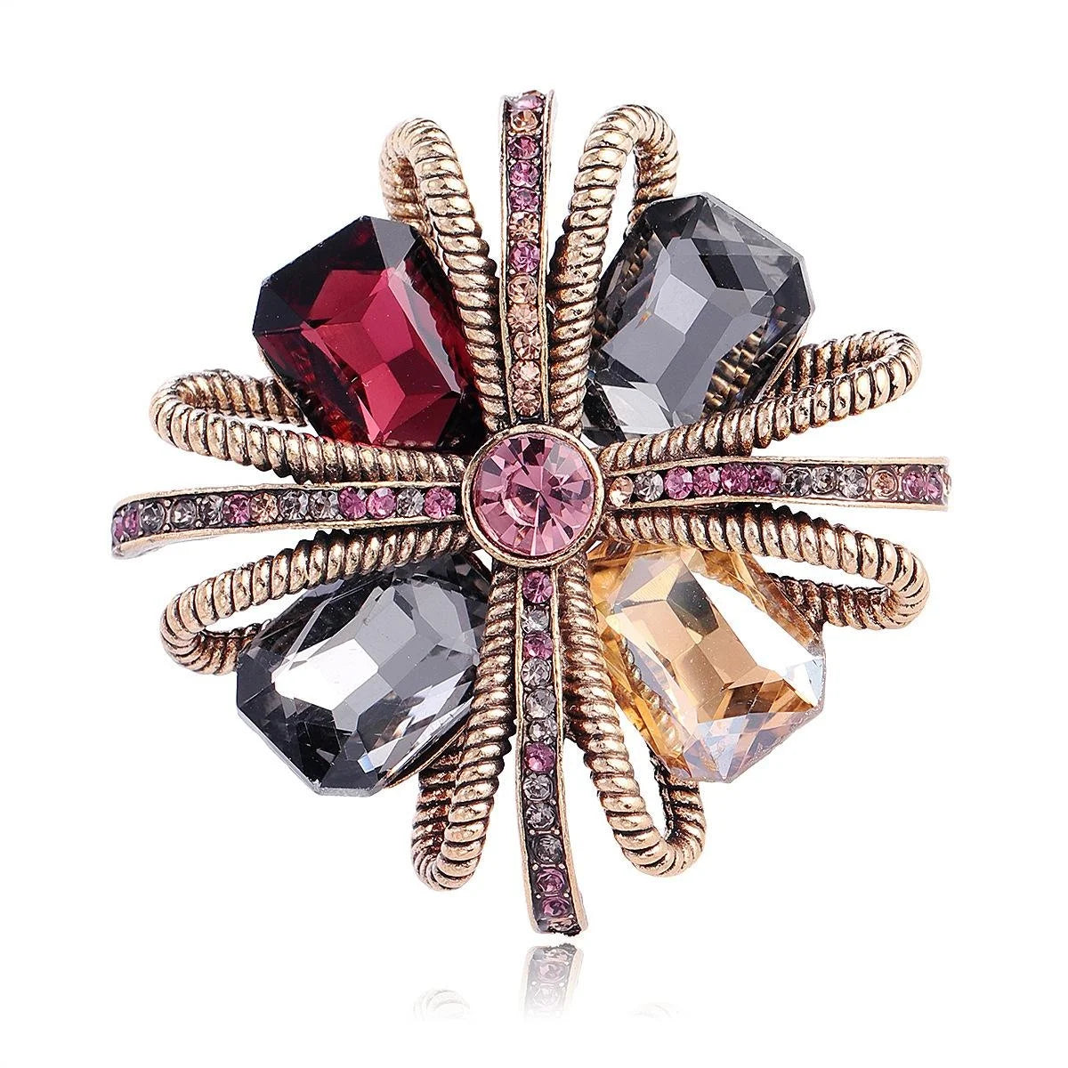Luxury Square Knot Flower Brooch With Red Crystal Rhinestones, Elegant Alloy Lapel Pin Suit Accessory Gift