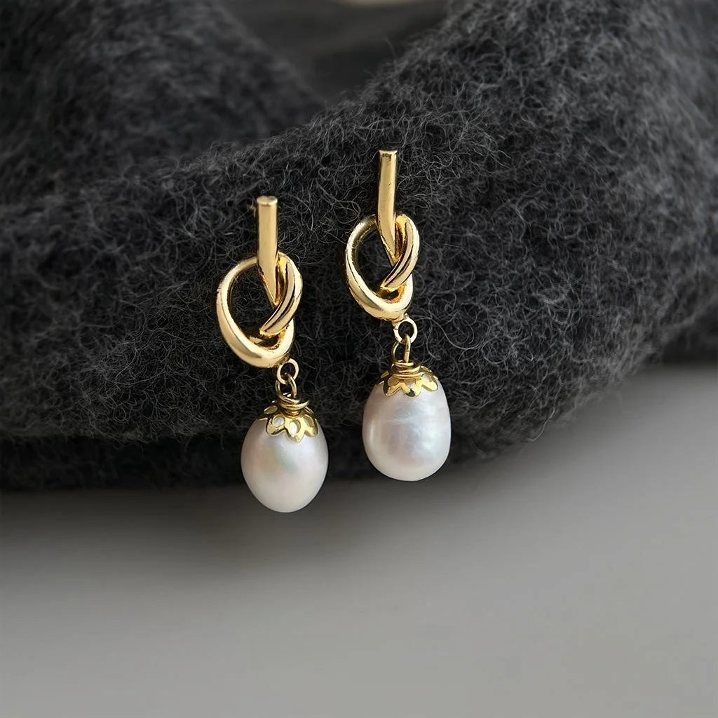 Handmade 14K Gold Plated Copper Knot Drop Earrings With Baroque Freshwater Pearl