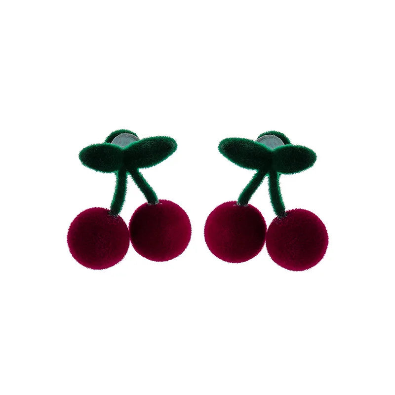 Sweet Flocked Cherry Fruit Stud & Clip On No Piercing Cute Winter Velvet Drop Earrings