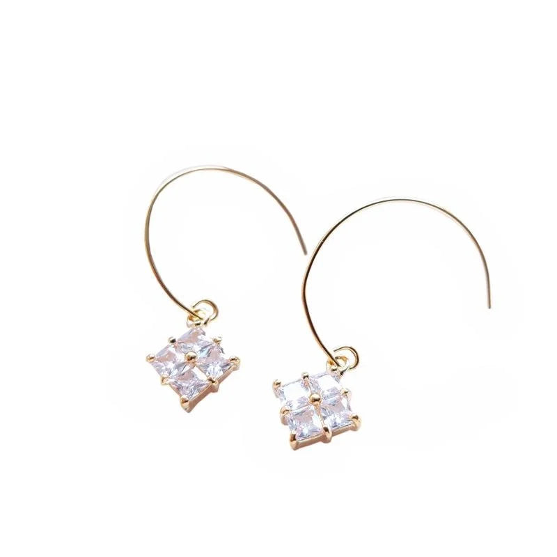 14K Gold Plated Zircon Micro Pave Square French Hook Drop Earrings Luxury Minimalist