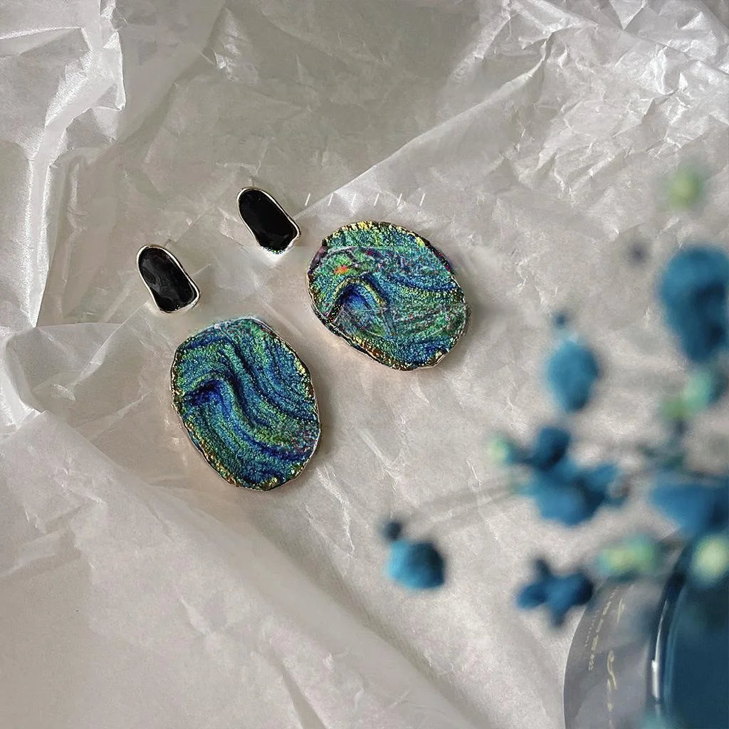 14K Gold Plated Klein Blue Textured Resin Oval Wave Stud Earrings