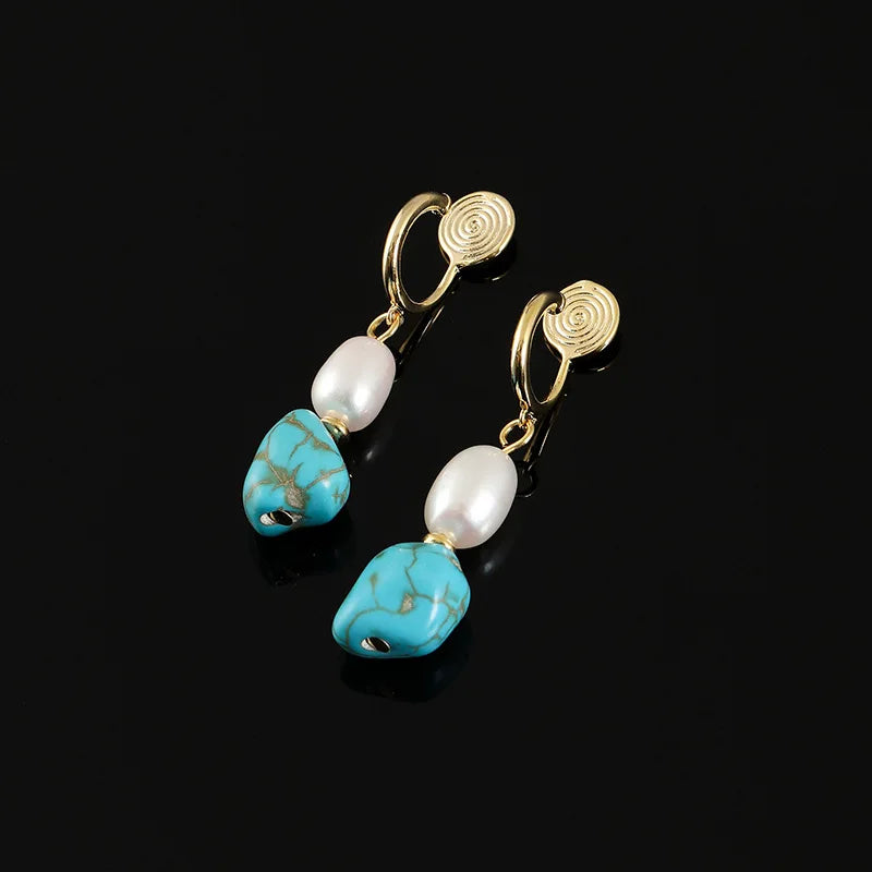 Elegant Irregular Turquoise Stone Freshwater Pearl Spiral Stud & Clip On No Piercing Drop Earrings
