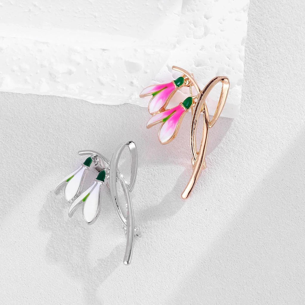 Elegant Pink Enamel Snowdrop Flower Brooch Rose Gold Alloy Floral Lapel Pin Corsage Suit Accessory Gift
