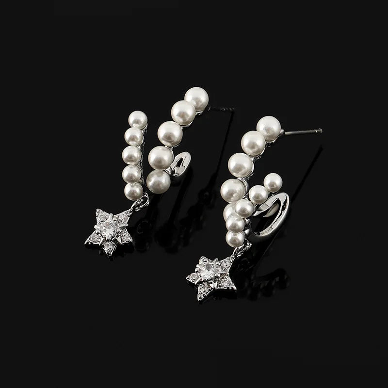 Elegant Pearl Meteor Star Drop Stud & Clip On No Piercing Alloy Rhinestone Spiral Ear Cuff Earrings