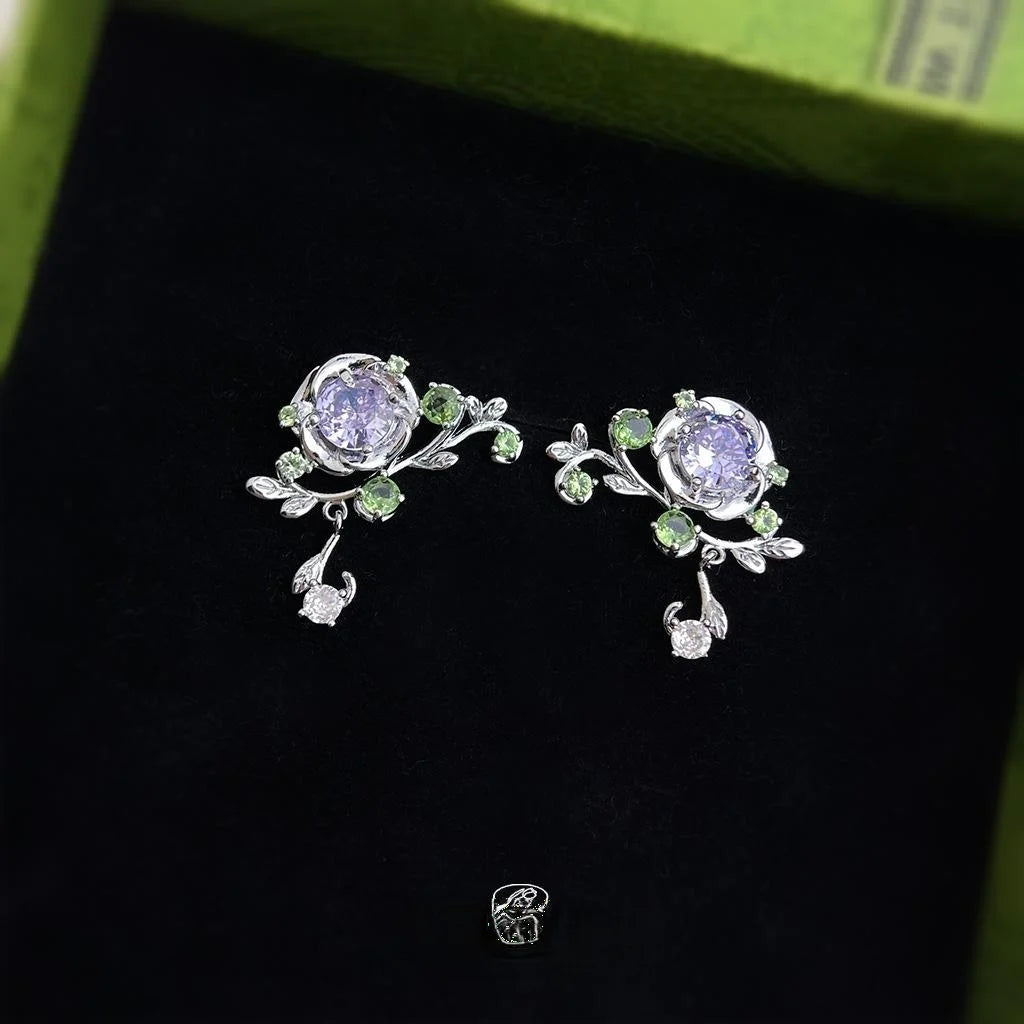 Forest Style Micro Pave Zircon Flower Leaf Stud Earrings Copper