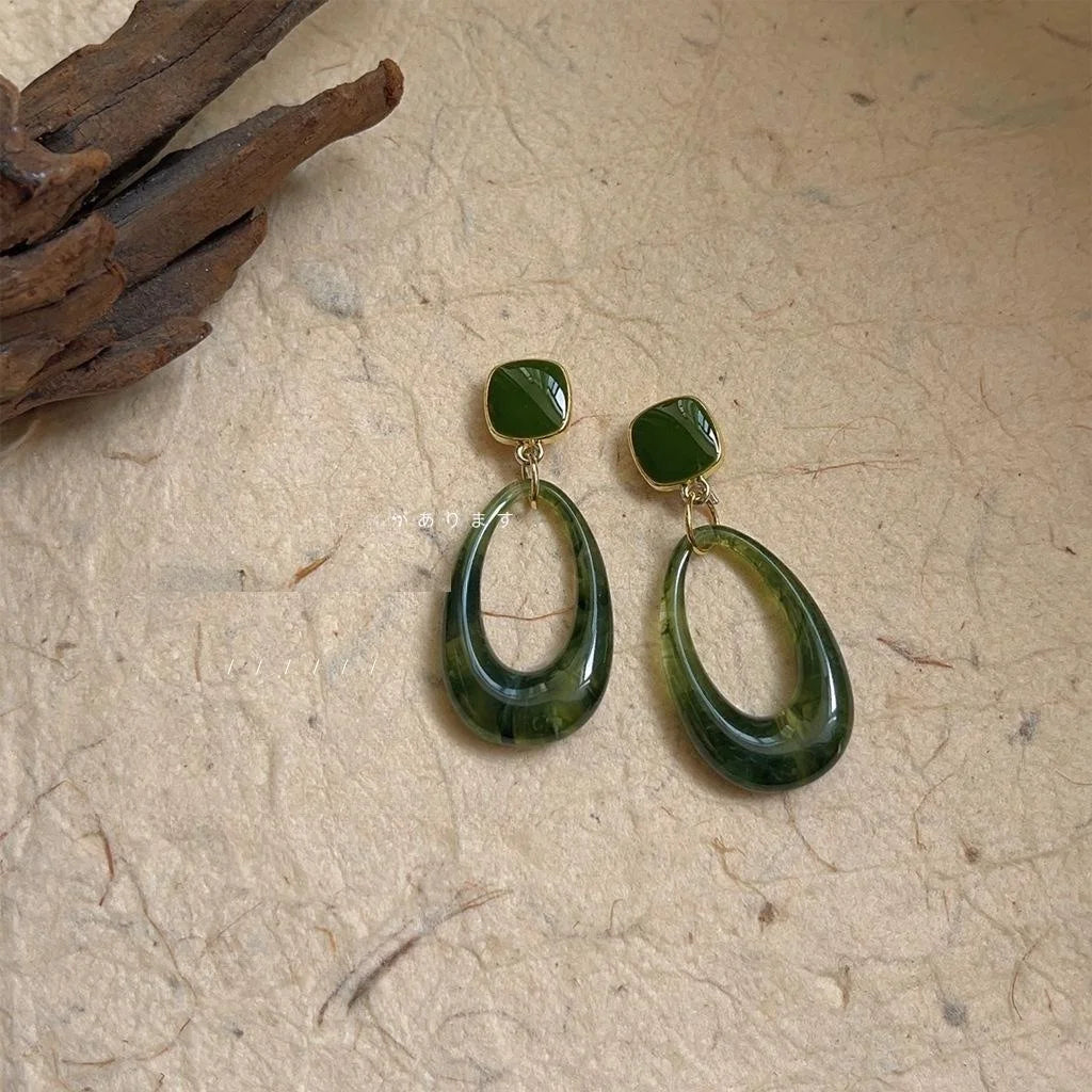 Vintage Green Gradient Acrylic Oval Drop Earrings With Silver Plated Pins