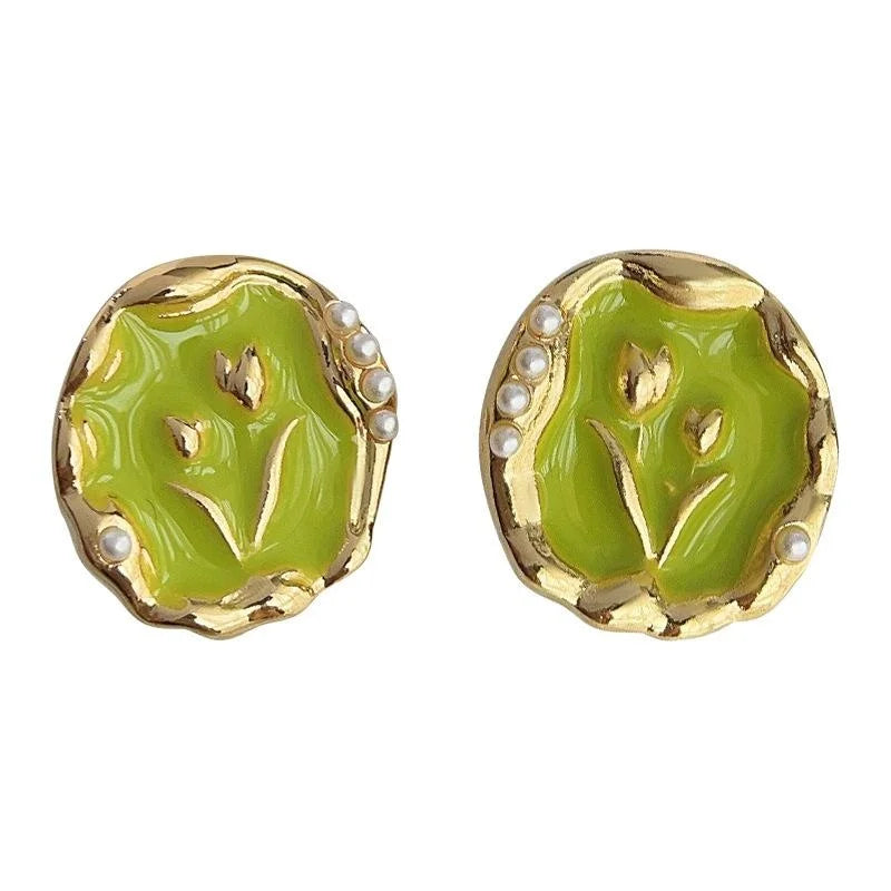Sweet Pastoral Copper Tulip Flower Stud Earrings Pink Green Spring Garden Floral Jewelry