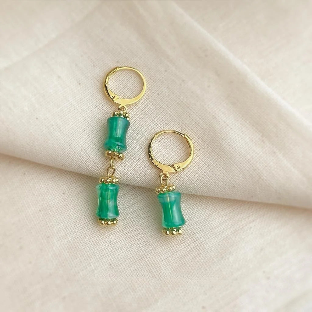 New Chinese Style Green Bamboo Segment Copper Asymmetric Drop Earrings Handmade Geometric Ear Jewelry