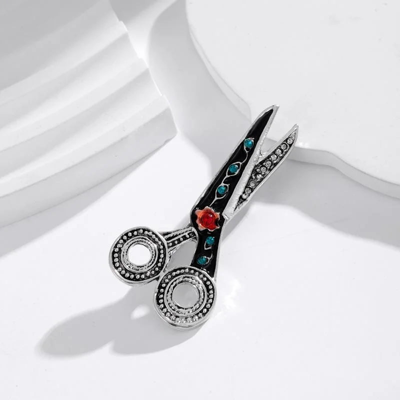 Vintage Scissors Brooch With Rhinestone And Enamel Detail, Elegant Unisex Lapel Pin Suit Accessory