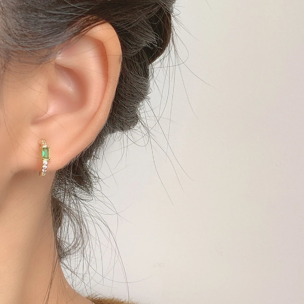 Elegant Green Zircon Spiral Hoop Stud & Clip On No Piercing Gold Alloy Rhinestone Ear Cuff Earrings