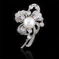 Elegant Silver Plated Alloy Pearl Flower Brooch With Rhinestone Accents, Women's Lapel Pin Corsage Gift