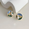 14K Gold Plated Baroque Freshwater Pearl Stud Earrings Irregular Round Geometric Oil Painting Texture