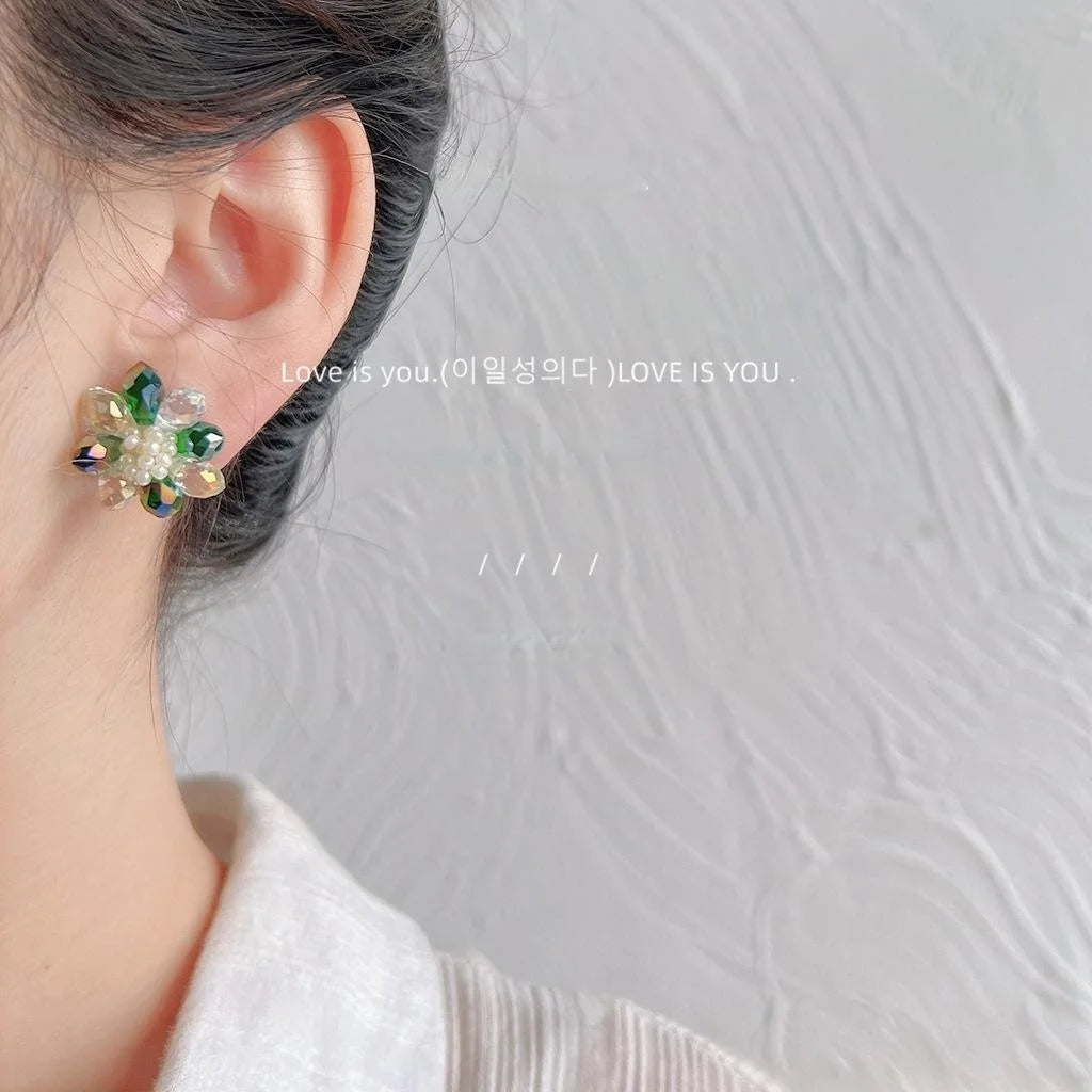 Mint Green Crystal Glass Flower Stud Earrings Handmade Beaded Sweet Forest Style