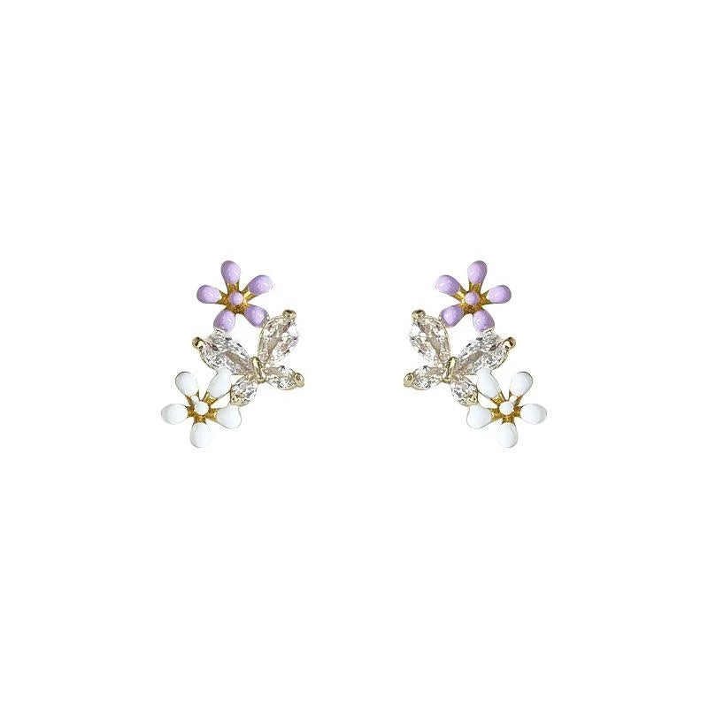 14K Plated Eco Copper Zircon Flower Enamel Stud Earrings Sweet Minimalist Forest Style