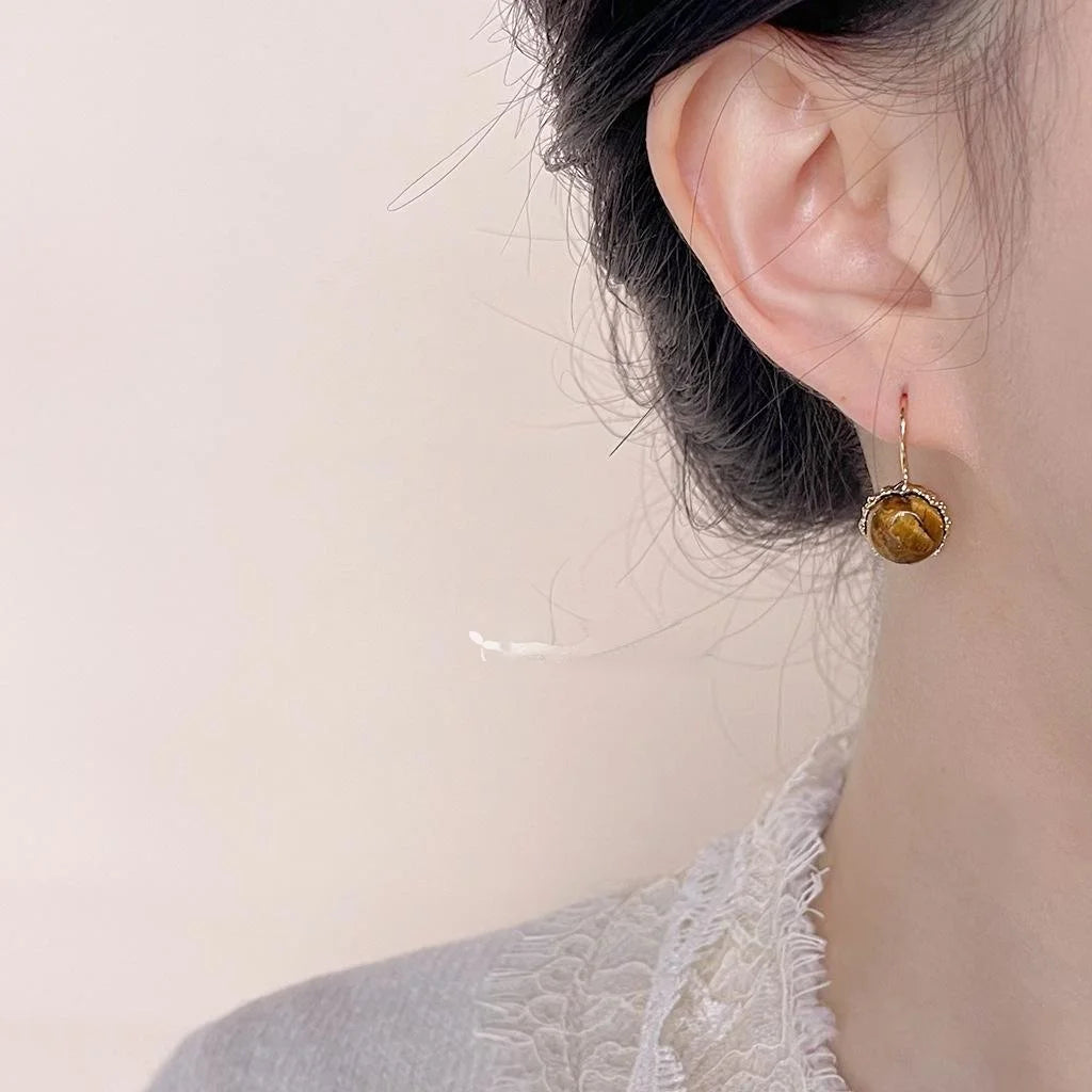 2025 Autumn Winter Natural Tiger Eye Round Geometric 14K Plated Vintage Drop Earrings