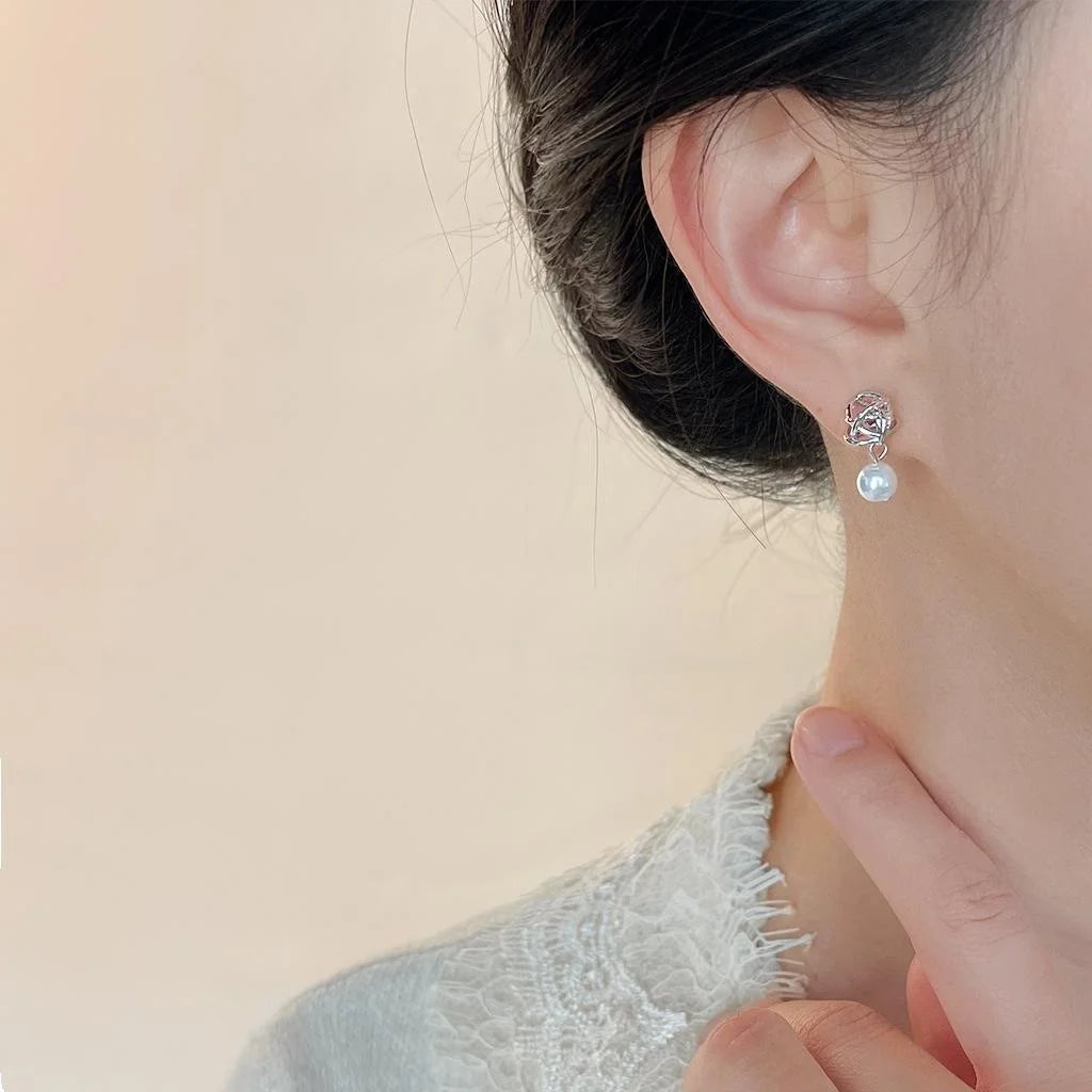 Irregular Geometric Wire Wrapped High Luster Pearl Drop Earrings, Handmade Hollow Versatile Style