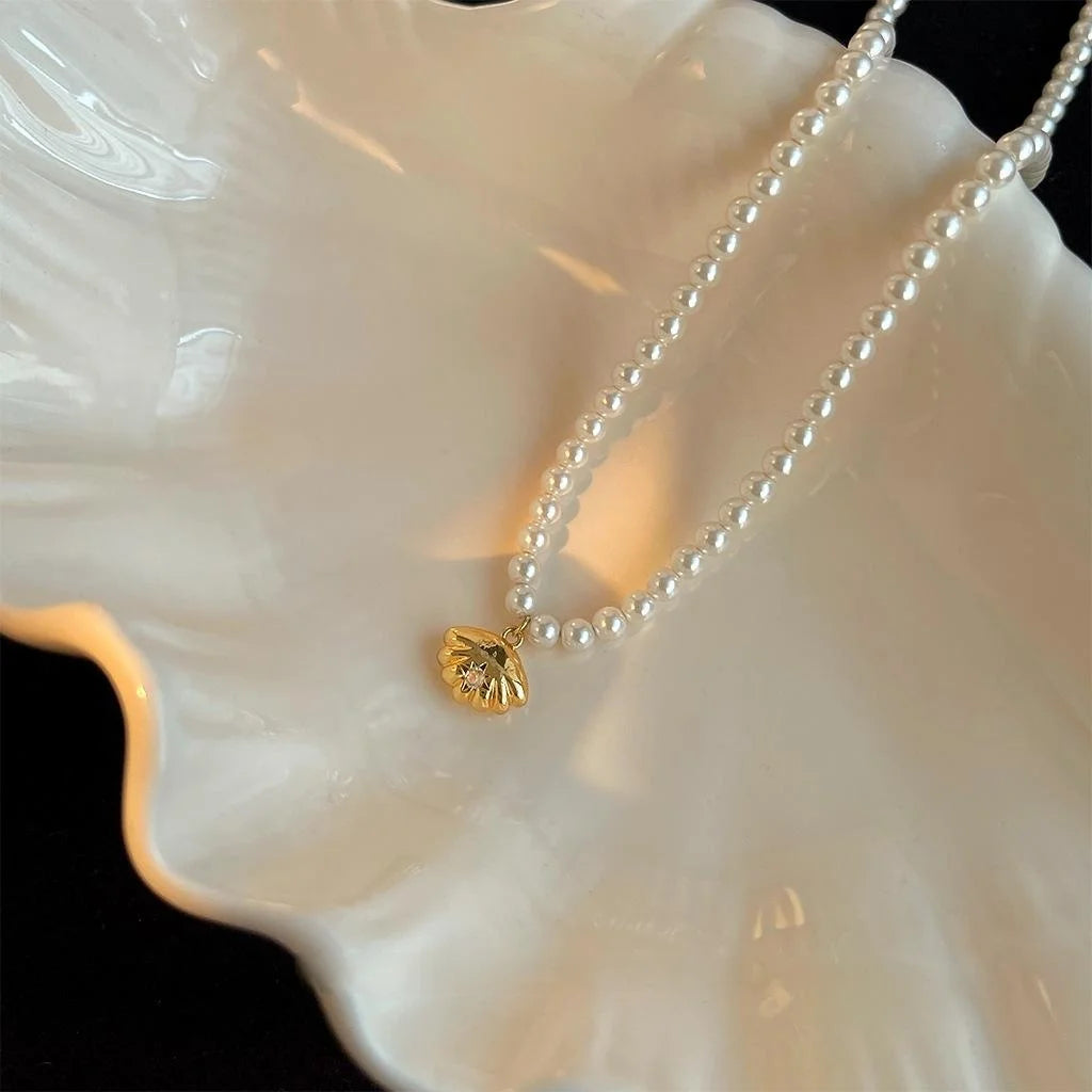 14K Gold Plated Copper Glass Pearl Necklace With Micro Pave Zircon French Vintage Shell Pendant