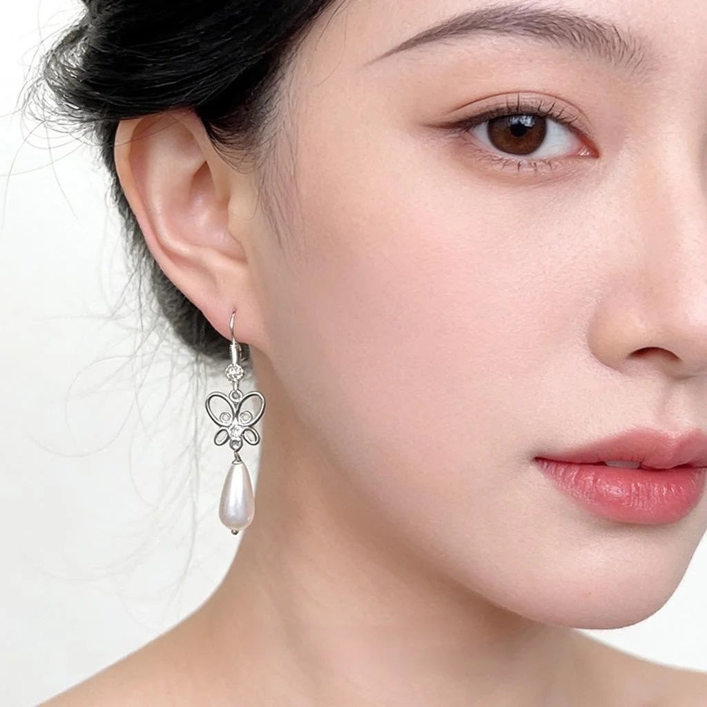 New Chinese Style Eco-Friendly Copper Zircon Butterfly Teardrop Pearl Drop Earrings