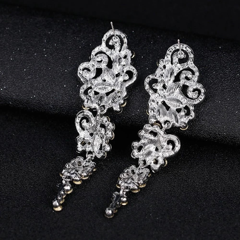 Luxury Hollow Scroll Alloy Rhinestone Long Drop Earrings For Bridal Wedding Party Banquet Jewelry