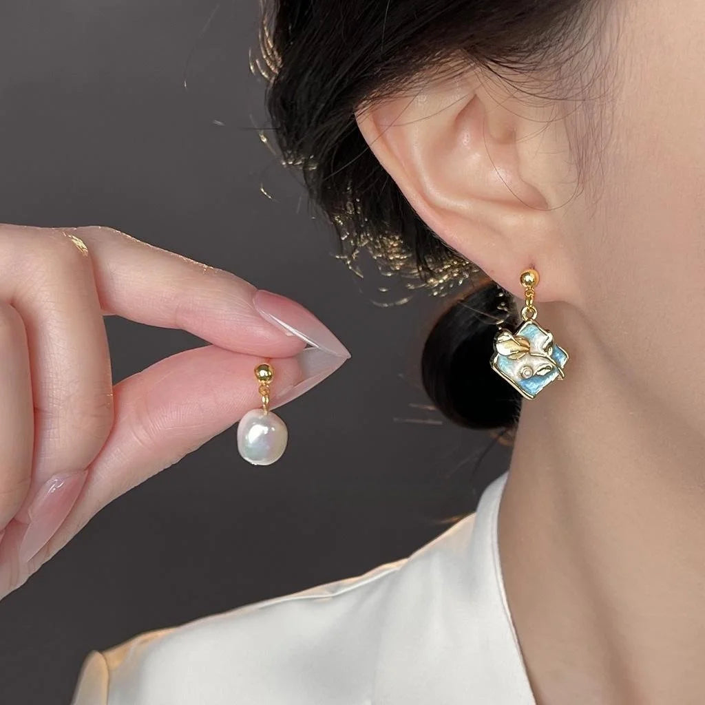 Monet Garden Asymmetric Irregular Baroque Freshwater Pearl Rose Petal Luxury Drop Earrings