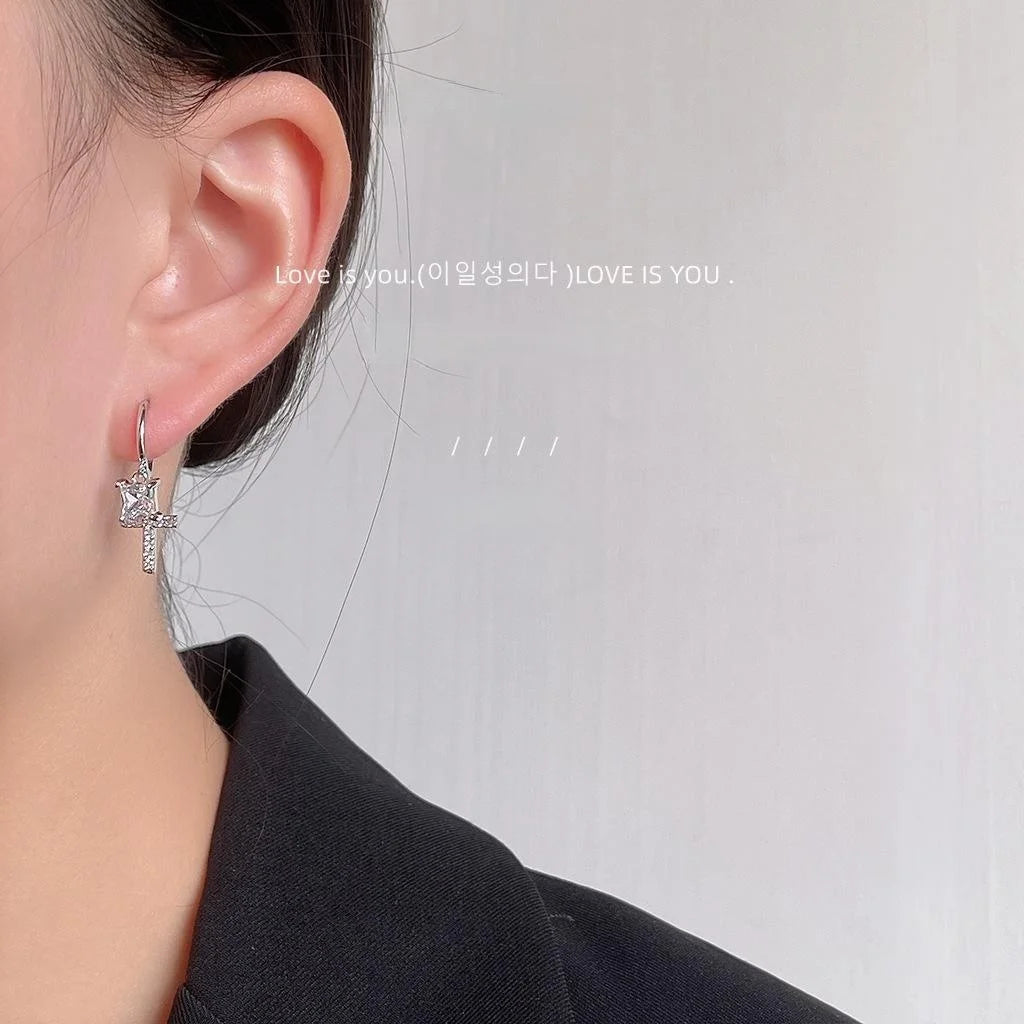 Asymmetric Cross Drop Earrings Copper Micro Pave Zircon Geometric Minimalist Cool Style
