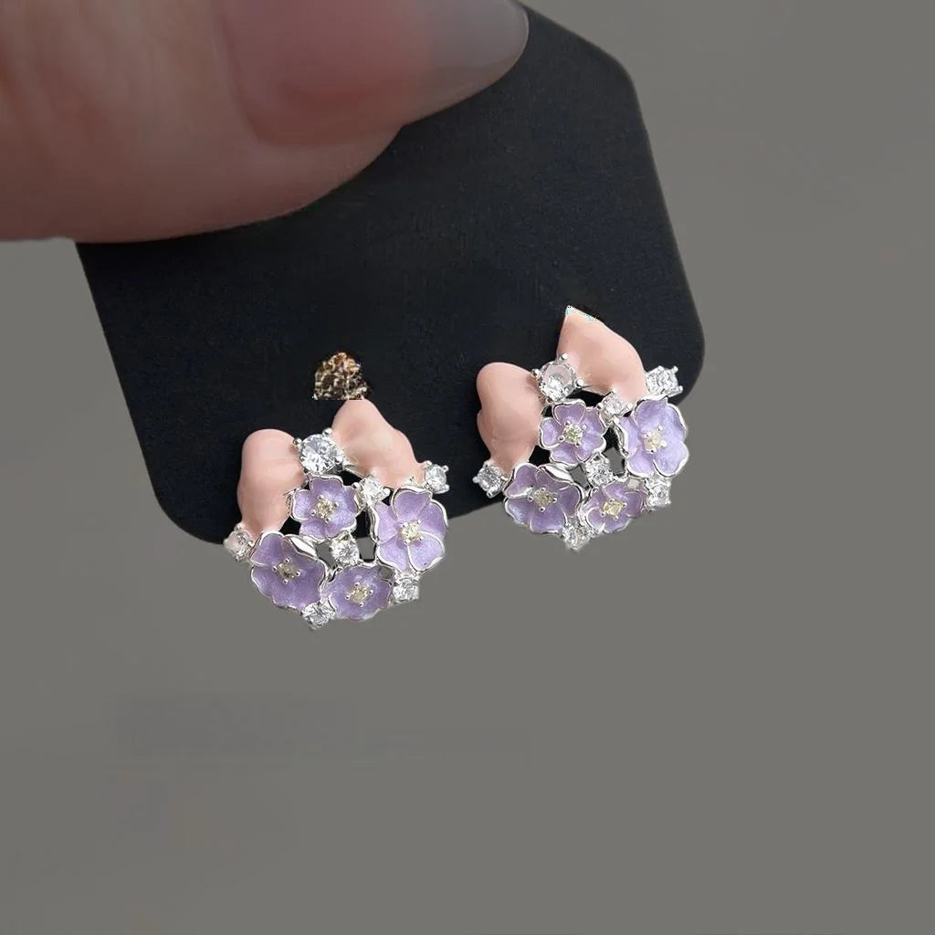 Fresh Sweet Enamel Hand Painted Bow Flower Copper Zircon Stud Earrings