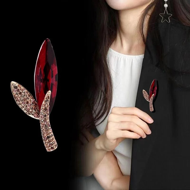 Luxury Blue Crystal Leaf Brooch With Rhinestone Alloy Stem, Elegant Lapel Pin Corsage For Suit Accessory Gift