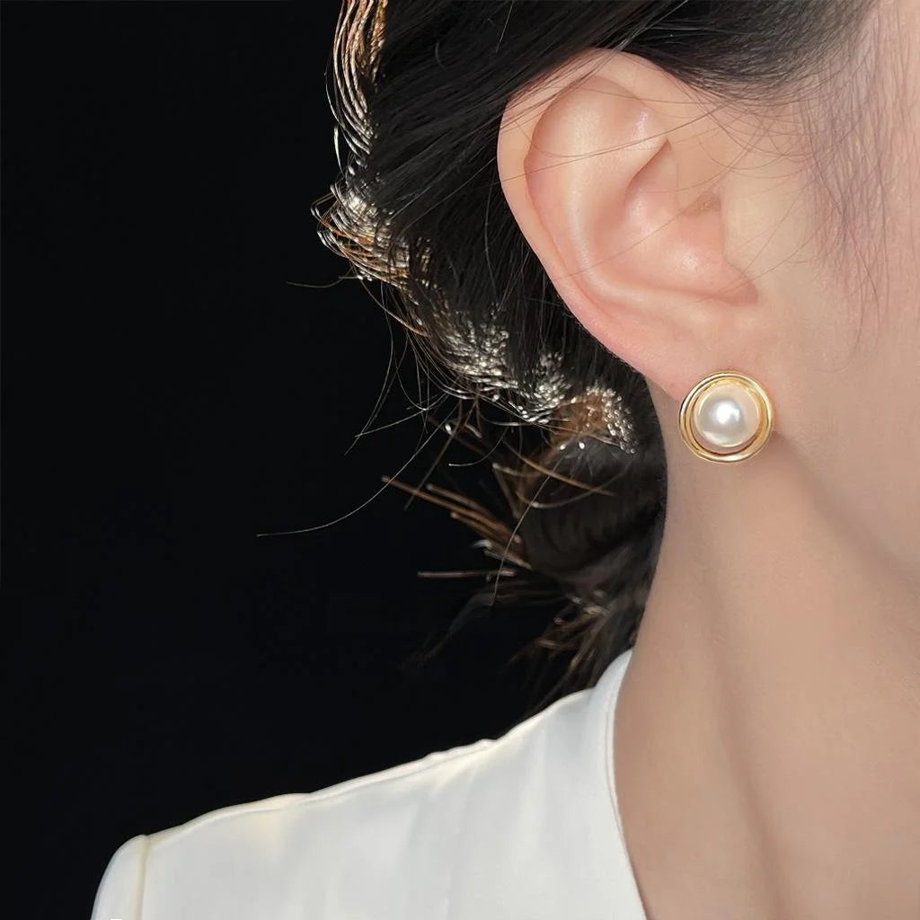 French Round Geometric Pearl Stud Earrings Eco-Friendly Copper Korean Minimalist Jewelry