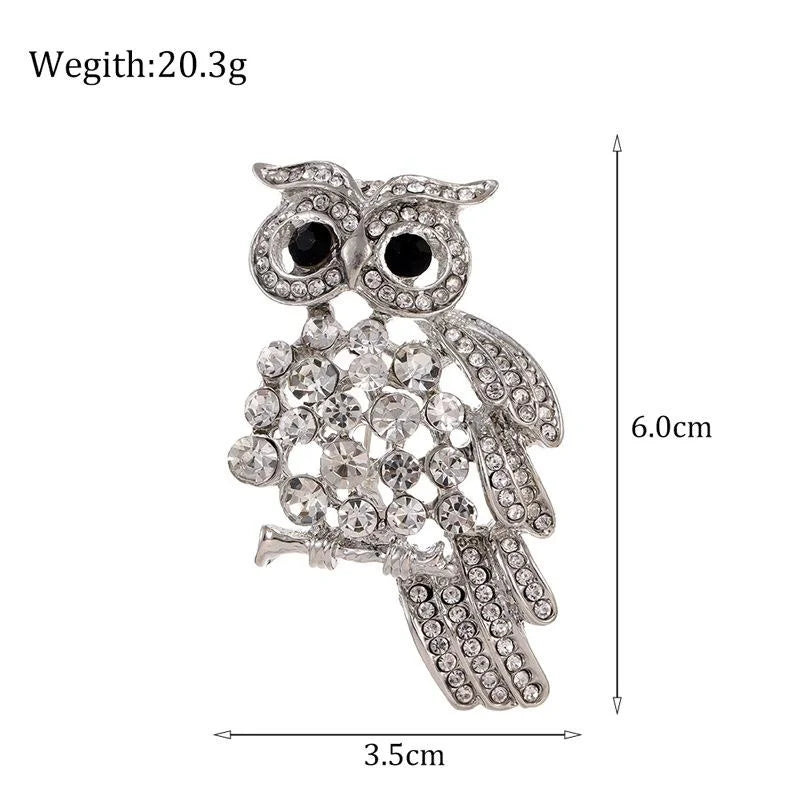 Cute Rhinestone Owl Brooch With Black Eyes, Silver Tone Alloy Animal Lapel Pin Corsage Gift