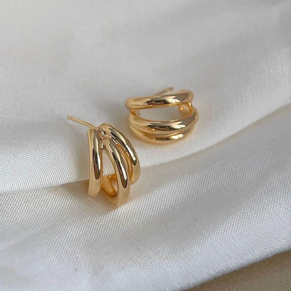 14K Gold Plated Copper Geometric Line Hoop Drop Earrings Luxury Office Jewelry