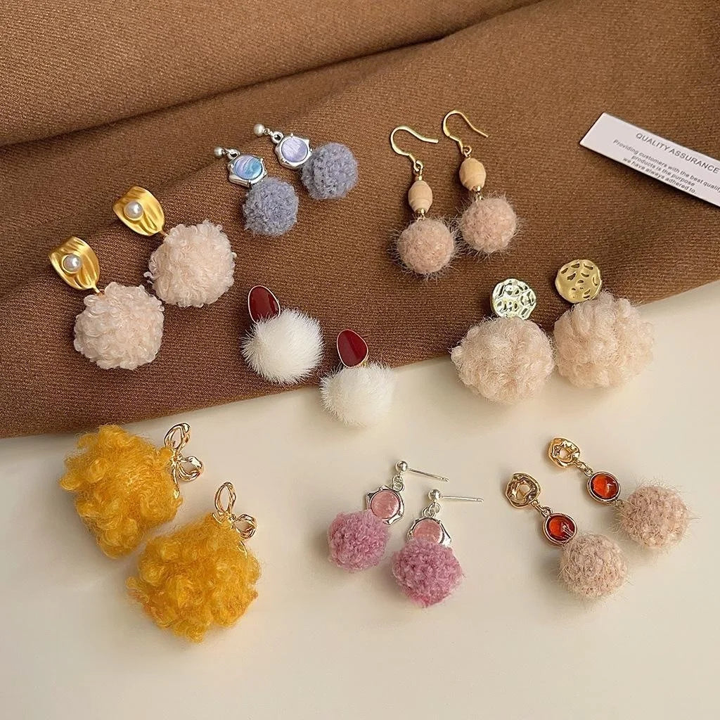 Cute Fluffy Pom Pom Drop Earrings Copper Handmade Round Geometric Winter Jewelry For Women