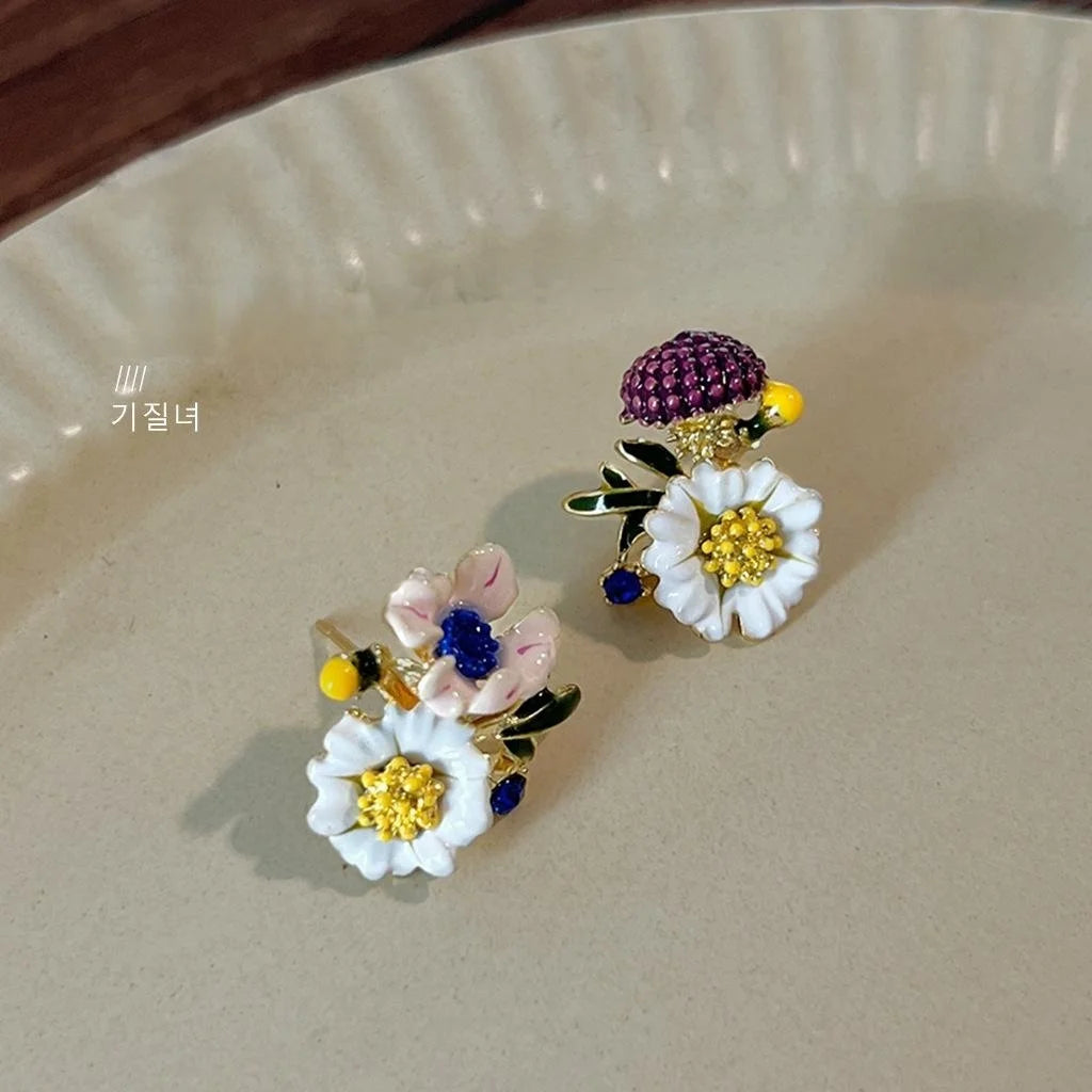 Vintage Enamel Glazed Flower Stud Earrings 14K Plated Copper Asymmetric Forest Style Jewelry