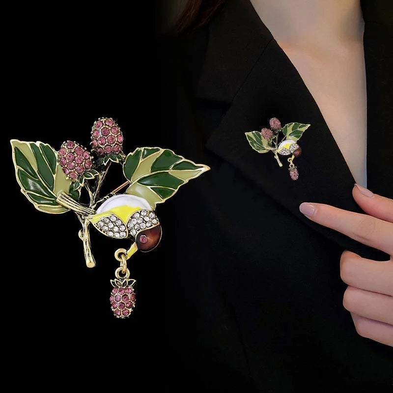 Vintage Enamel Magpie And Strawberry Rhinestone Brooch, Elegant Fruit Bird Lapel Pin Suit Accessory Gift