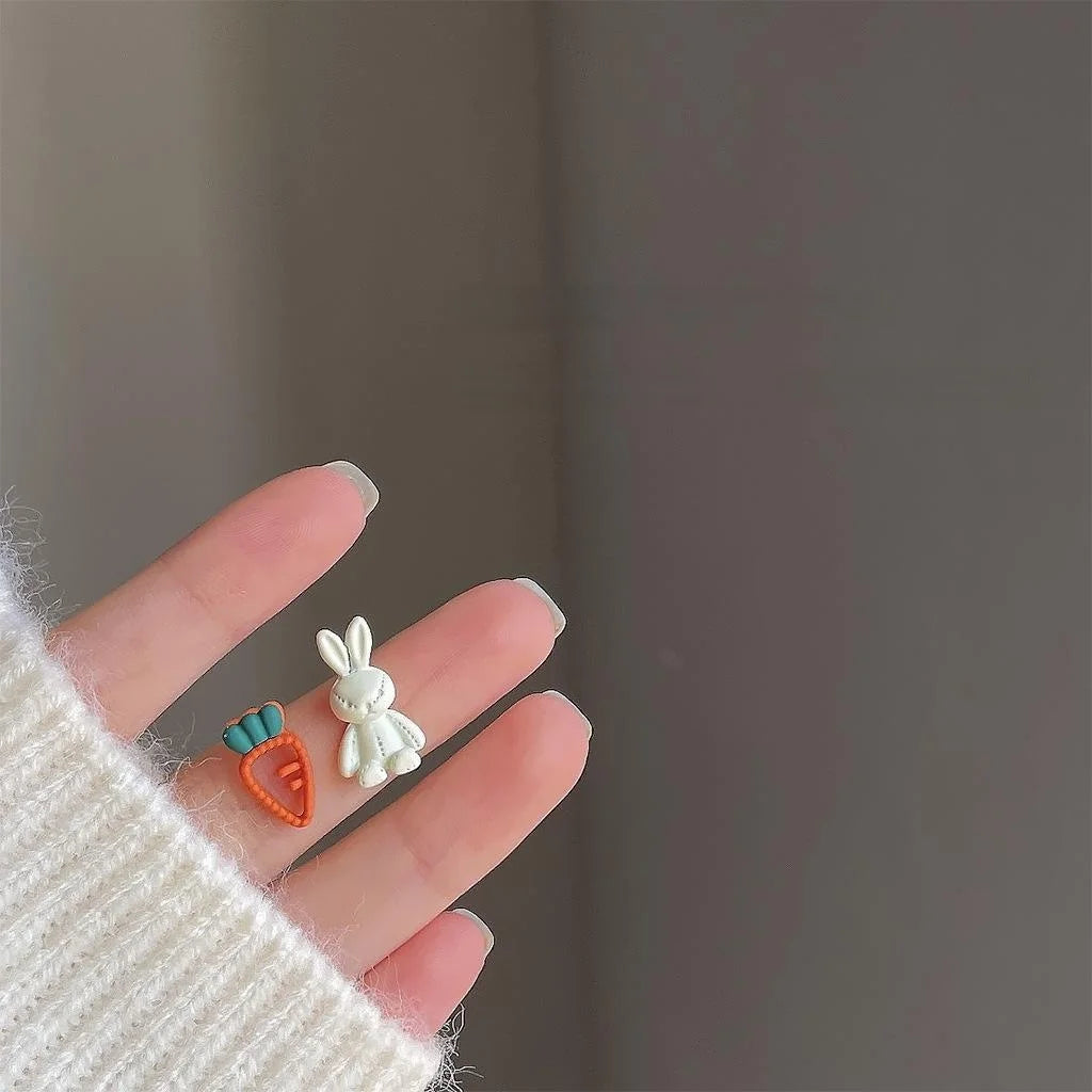 Cute Alloy Enamel Rabbit Carrot Asymmetric Stud Earrings For Women Korean Style