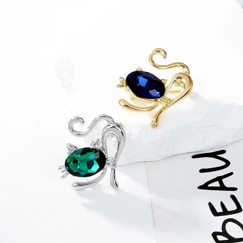 Cute Crystal Cat Brooch With Blue Rhinestone And Gold Alloy Finish, Elegant Animal Lapel Pin Gift